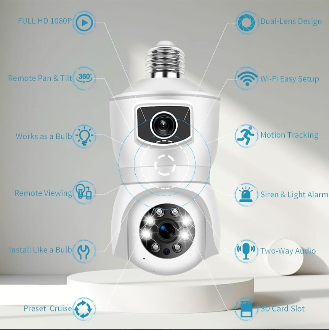 DOBLE CAMARA WIFI LAMPARA BOMBITA E27 DE LUZ FIJA +DOMO INALAMBRICO IP IOS ANDROID FULL-HD 1080P