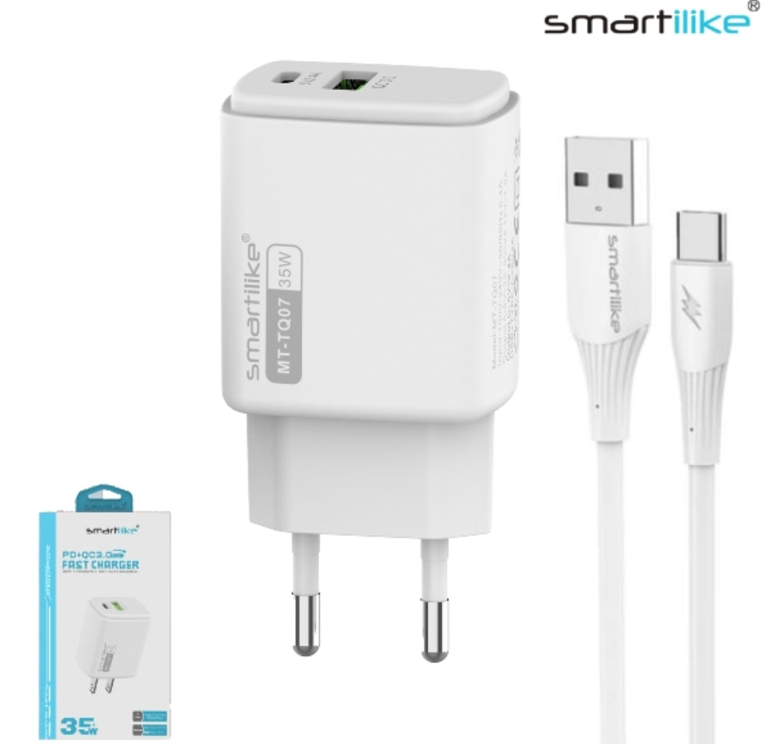 Cargador De Pared USB FAST CHARGE QC3.0 + PD 35W + Cable Tipo-C / Smartilike MT-TQ07