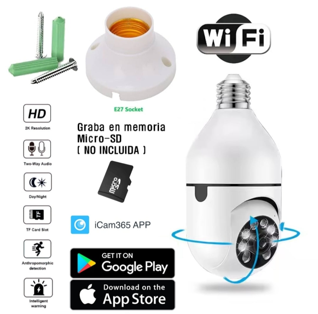 CAMARA WIFI TIPO LAMPARA BOMBITA E27 DE LUZ DOMO INALAMBRICO IP IOS ANDROID 2K HD GIRATORIA