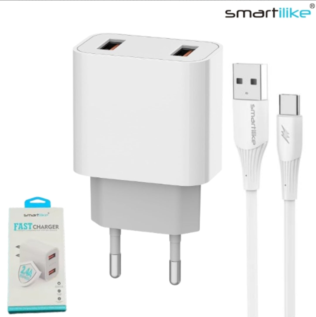 Cargador De Pared Doble USB 2,4A + Cable Tipo-C / Smartilike MT-T03