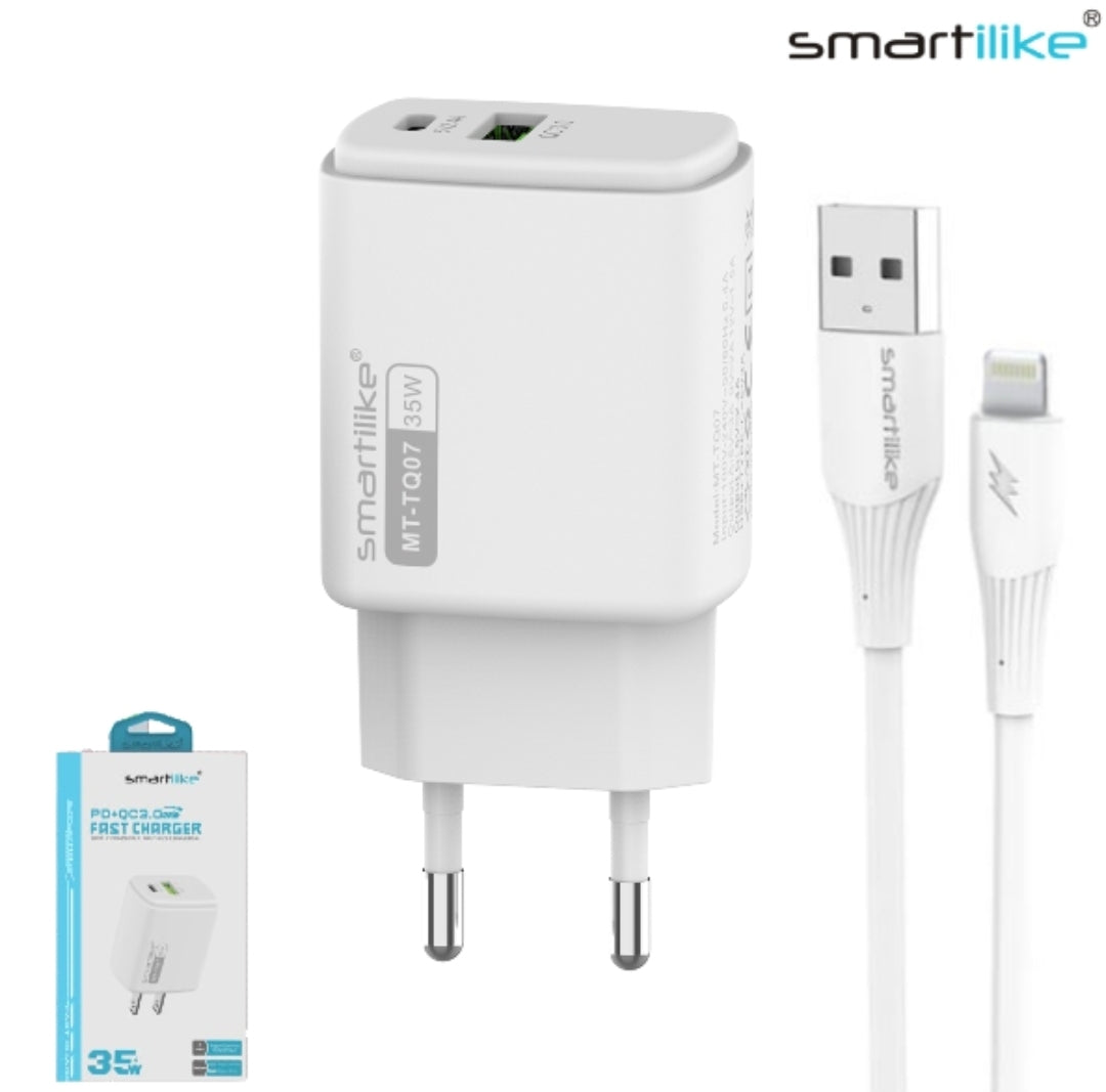 Cargador De Pared USB FAST CHARGE QC3.0 + PD 35W + Cable Para iPhone Lightning / Smartilike MT-TQ07