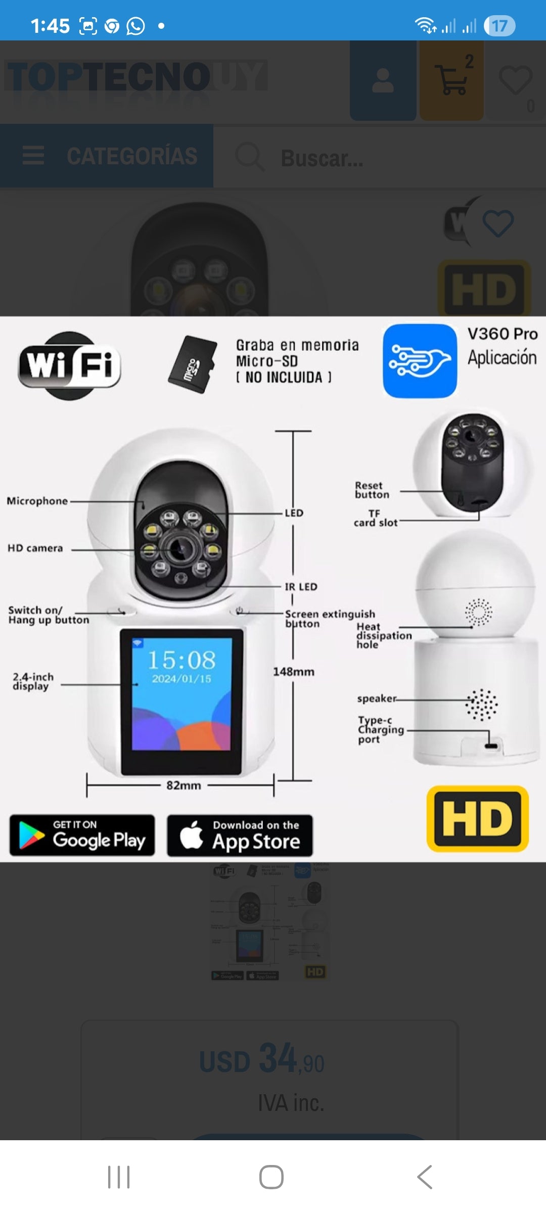 CAMARA WIFI IP HD DOMO INALAMBRICO CON PANTALLA VIDEOCONFERENCIA DIRECTO APP ANDROID IPHONE